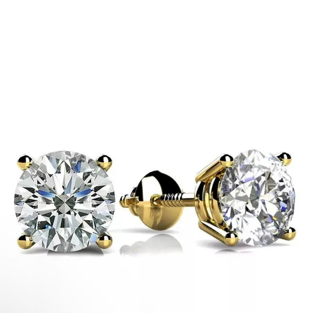 925 STERLING SILVER 14K GOLD PLATED ROUND CUBIC ZIRCONIA SCREW BACK EARRINGS