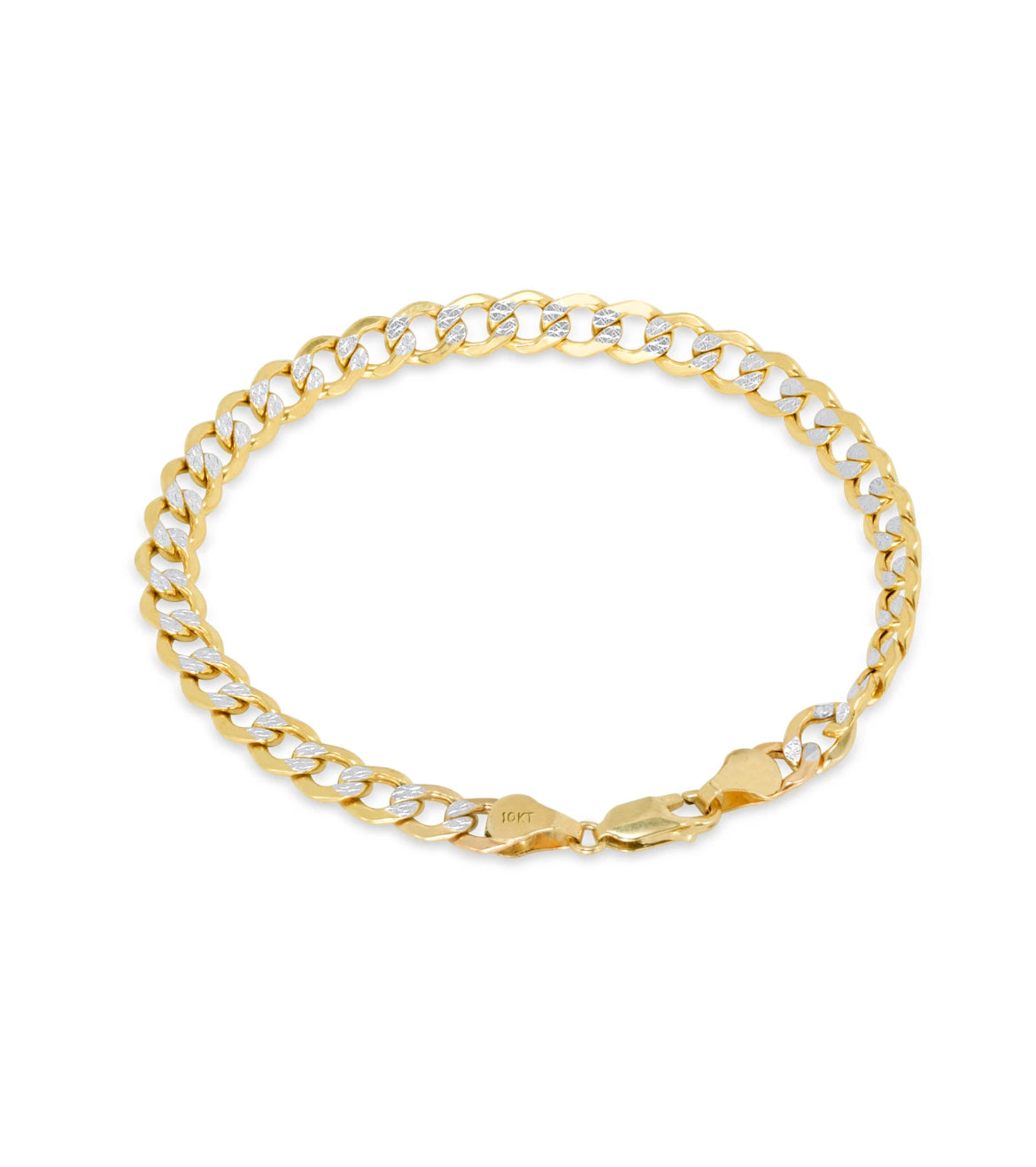10K Yellow Gold 2.6mm Diamond Cut White Pave Cuban Curb Chain Bracelet 8''