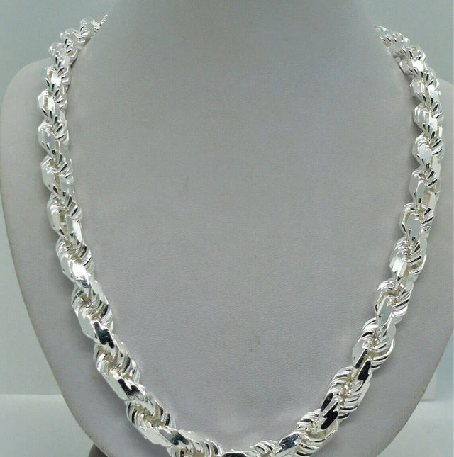 Solid 925 Sterling Silver Italian Rope Chain – 9mm Diamond-Cut Men's Necklace