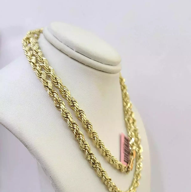 14K Yellow Gold Diamond Cut Rope Chain Necklace – 5mm Unisex, All Sizes