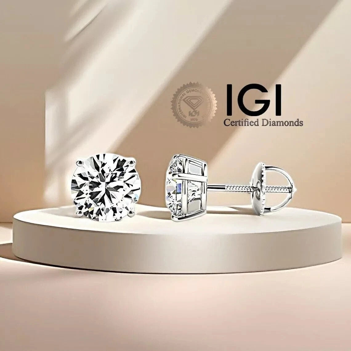 3.00 Ct D VS1 Lab-Grown Diamond Stud Earrings – 14K Gold, IGI Certified, Screw Backs