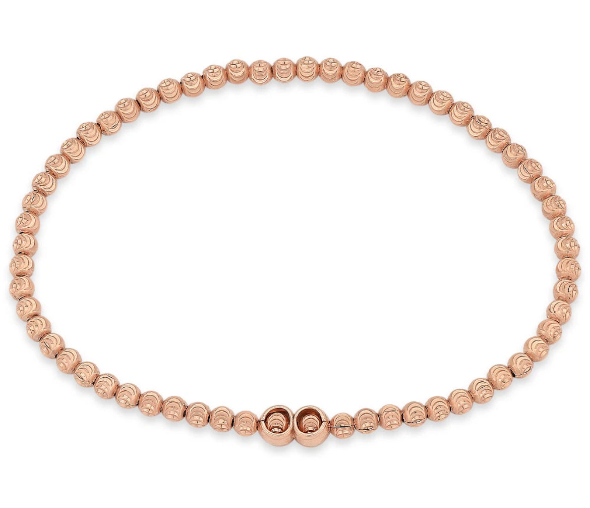 14K Rose Gold Plated 925 Sterling Silver 3mm Moon-Cut Bead Link Stretch Bracelet