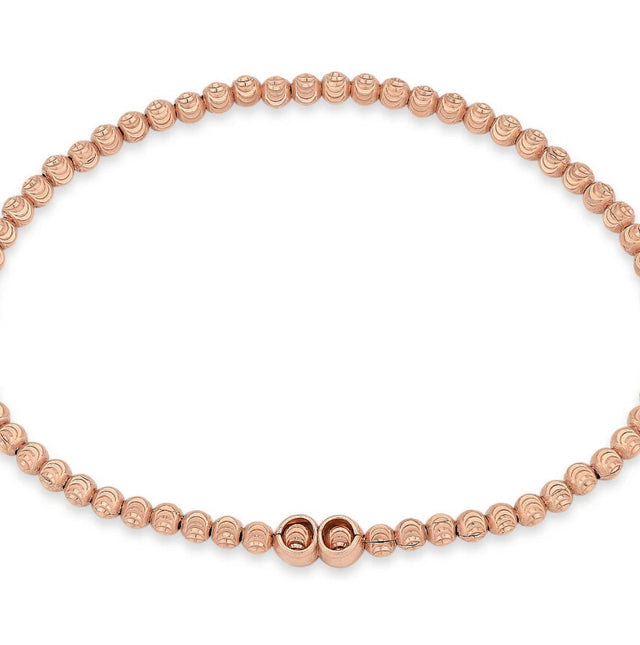 14K Rose Gold Plated 925 Sterling Silver 3mm Moon-Cut Bead Link Stretch Bracelet