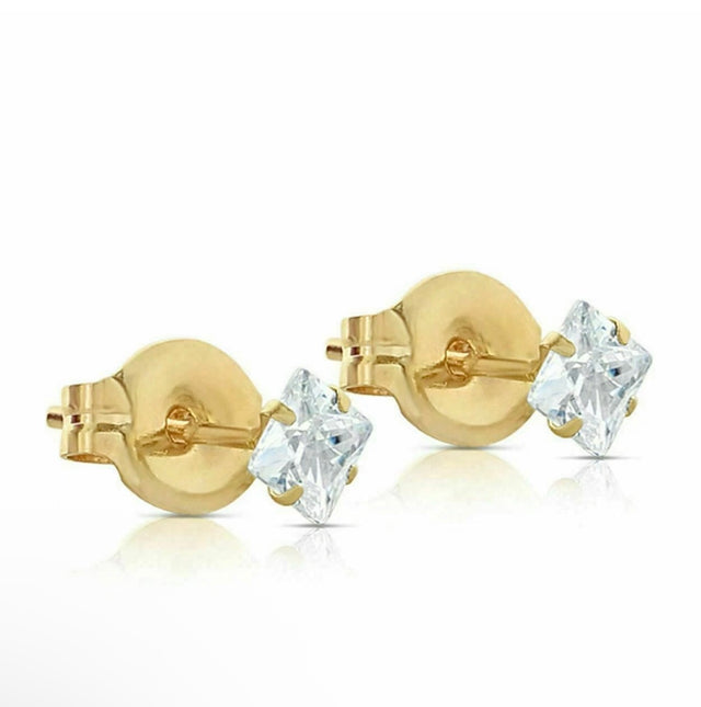 14K Solid Yellow Gold Princess Cut CZ Stud Earrings