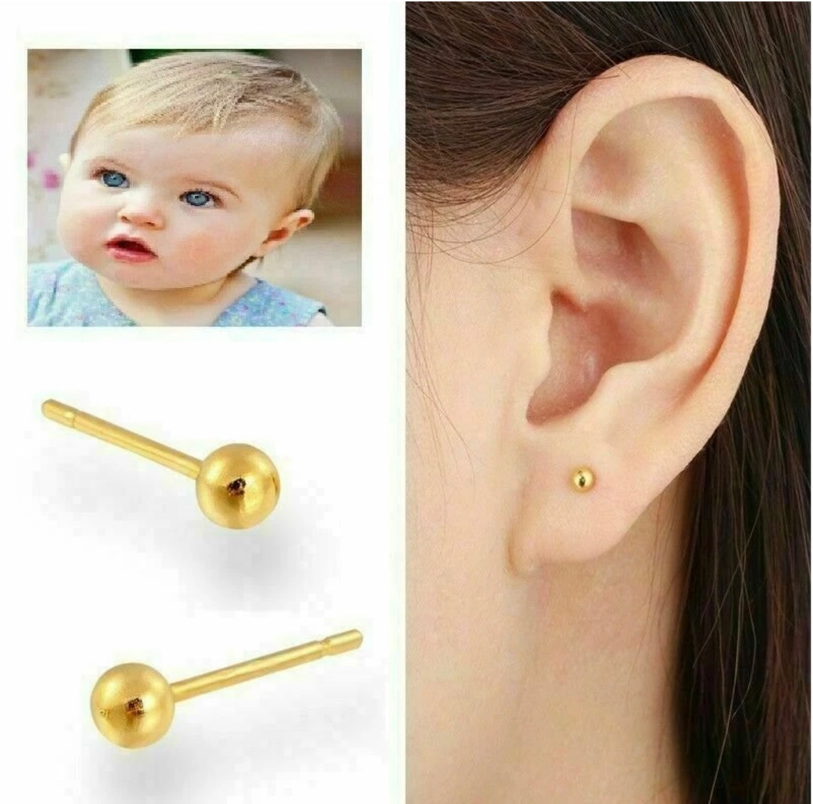 14kt Solid Yellow Gold Stud Earrings Polished Ball Bead Studs 3mm
