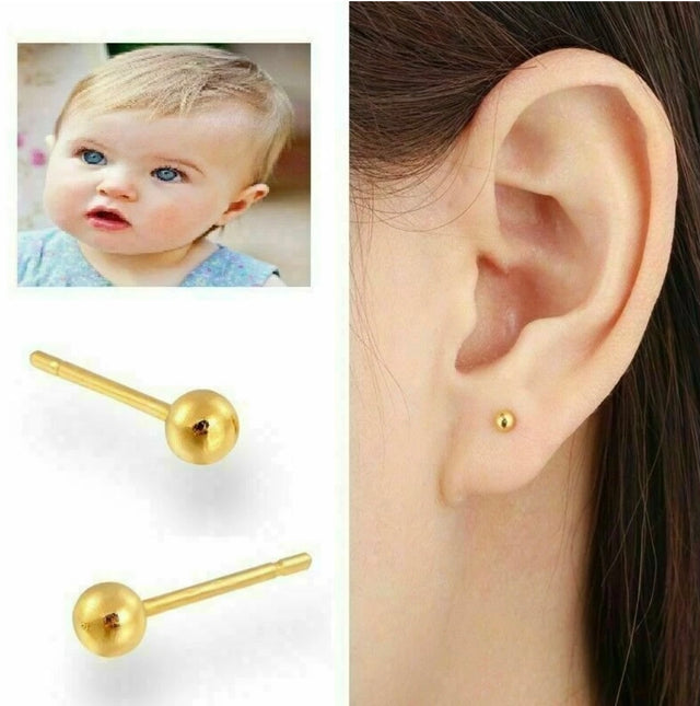 14kt Solid Yellow Gold Stud Earrings Polished Ball Bead Studs 3mm