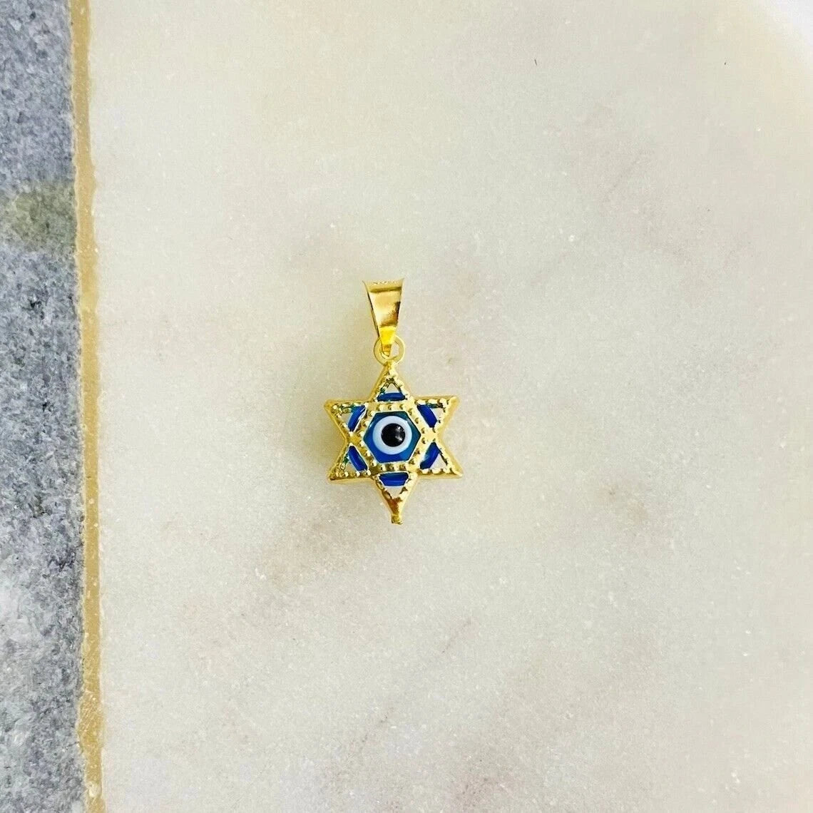 14K Solid Gold Light Blue Murano Glass Star of David Evil Eye Pendant
