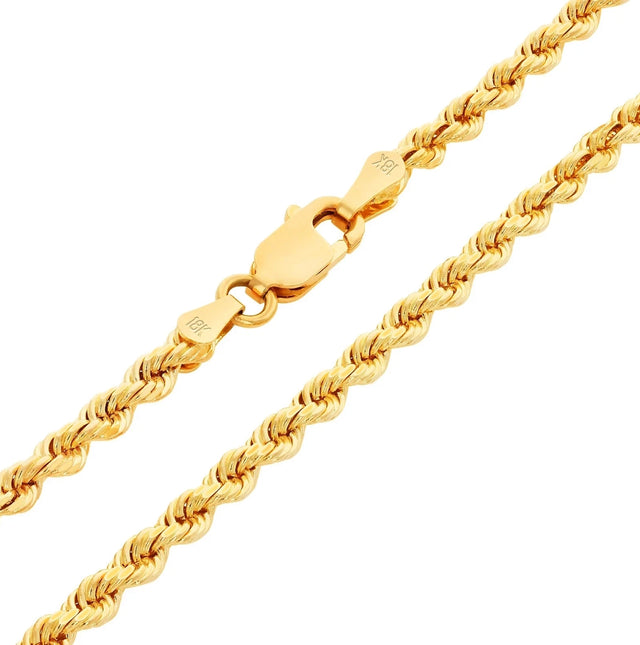 18K Yellow Gold Diamond-Cut Rope Chain – 3mm Italian Necklace for Men & Women