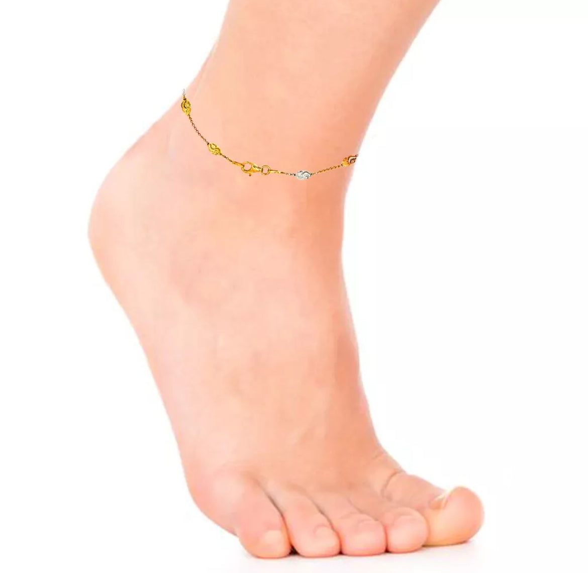 925 Sterling Silver Tri-Color Diamond Cut Station Oval Moon Anklet