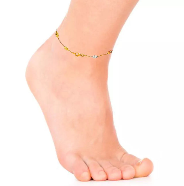 925 Sterling Silver Tri-Color Diamond Cut Station Oval Moon Anklet