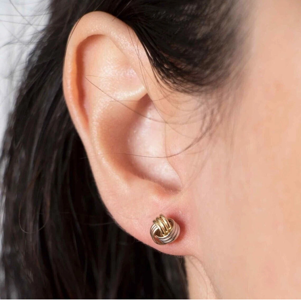 Italian Love Knot Stud Earrings – Solid 14K Tricolor Gold, Textured Rosetta Design, 8mm