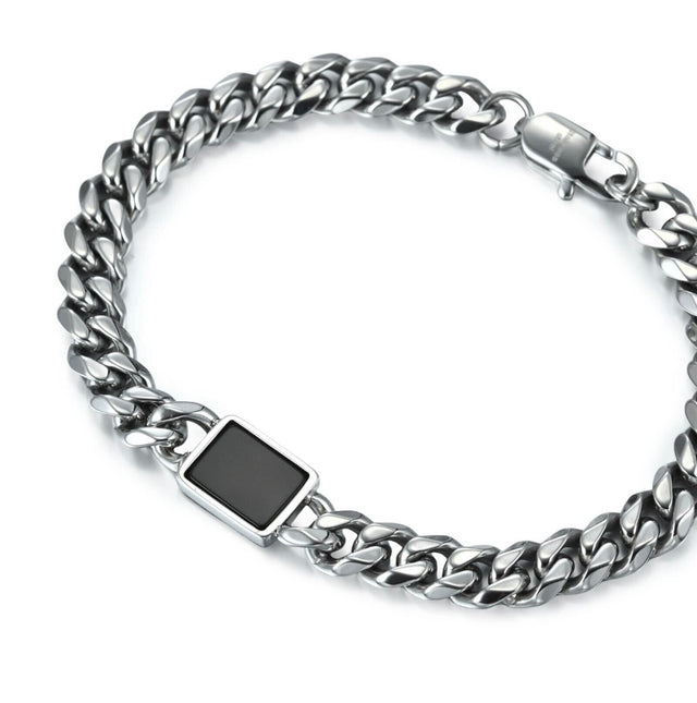 Stainless Steel 8mm Cuban Link Chain With Black Agate ID, Men's 8.5