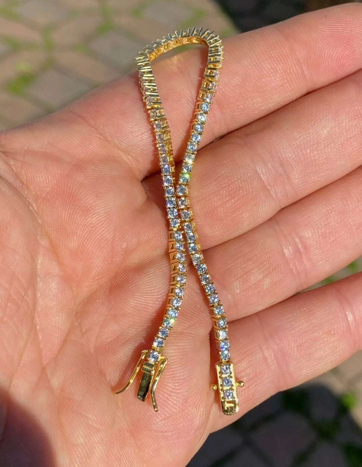 Mens Womens 3mm 1 Row Iced CZ Tennis Bracelet 14K Yellow Gold Plated