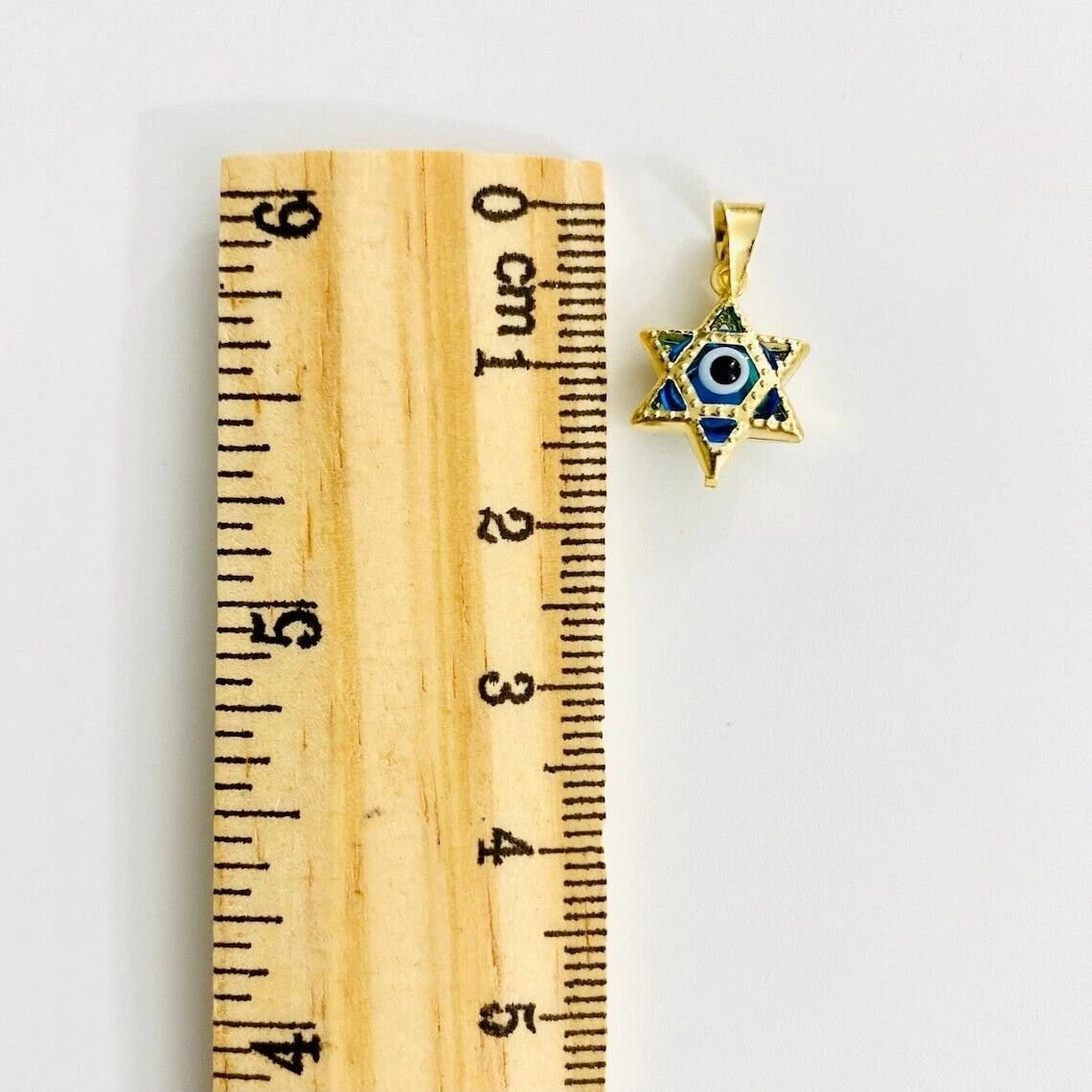 14K Solid Gold Light Blue Murano Glass Star of David Evil Eye Pendant