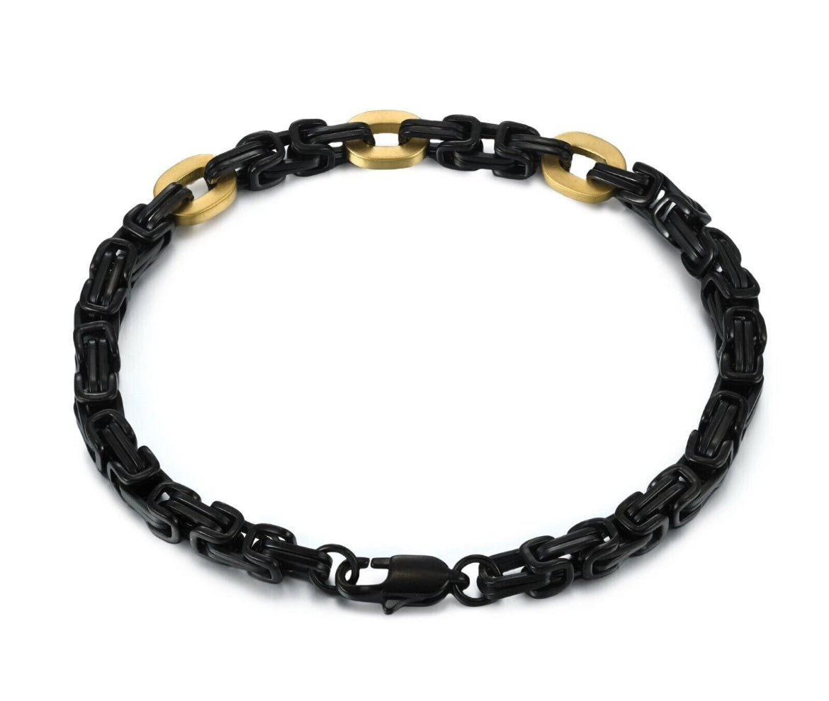 Black Stainless Steel 5mm Byzantine Link Chain Bracelet IP Gold Men's 8.5"