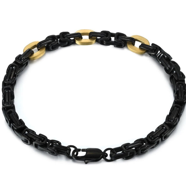 Black Stainless Steel 5mm Byzantine Link Chain Bracelet IP Gold Men's 8.5