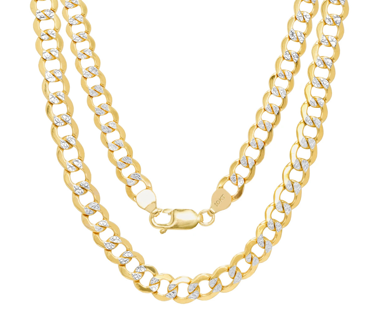 10K Yellow Gold 3.5mm Diamond Cut White Pave Cuban Curb Chain Bracelet 8.5''