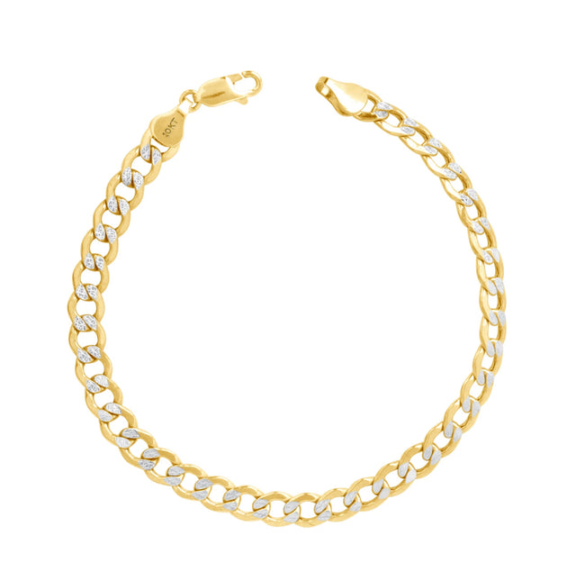 10K Yellow Gold 2.6mm Diamond Cut White Pave Cuban Curb Chain Bracelet 8''