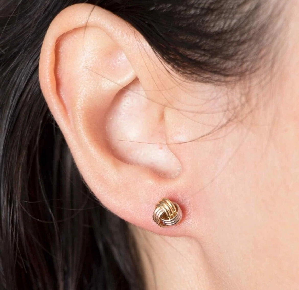 Italian Love Knot Stud Earrings – Solid 14K Tricolor Gold, Textured Rosetta Design, 8mm