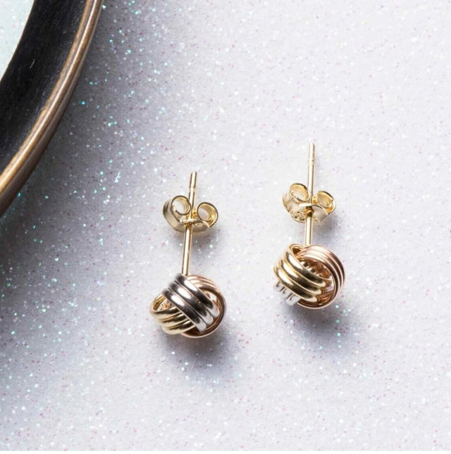 Italian Love Knot Stud Earrings – Solid 14K Tricolor Gold, Textured Rosetta Design, 8mm