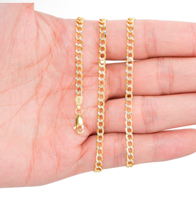 14K Yellow Gold White Pavé Diamond-Cut Cuban Chain Bracelet – 3mm to 7mm
