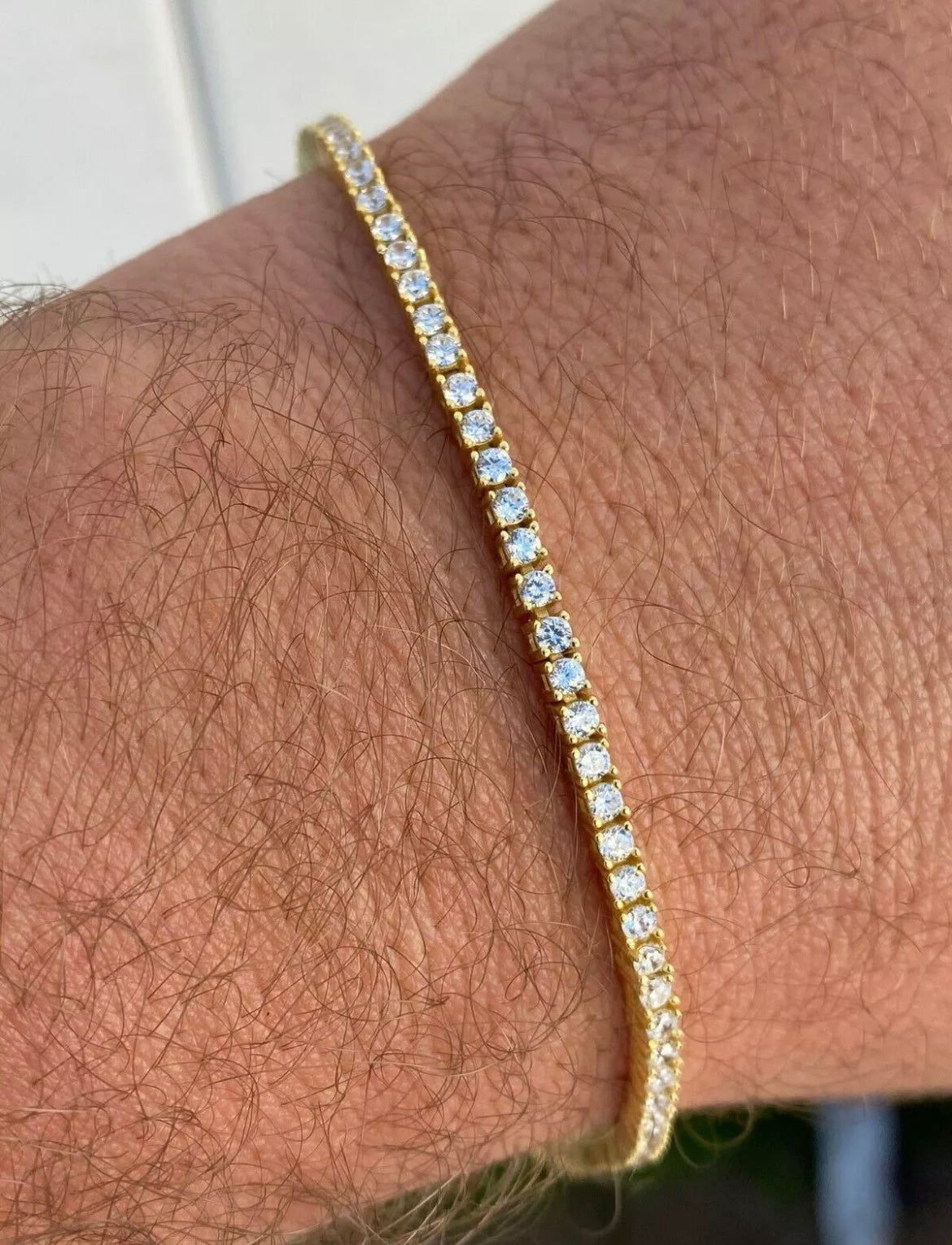 Mens Womens 3mm 1 Row Iced CZ Tennis Bracelet 14K Yellow Gold Plated