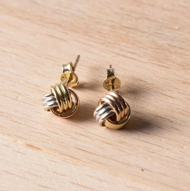 Italian Love Knot Stud Earrings – Solid 14K Tricolor Gold, Textured Rosetta Design, 8mm