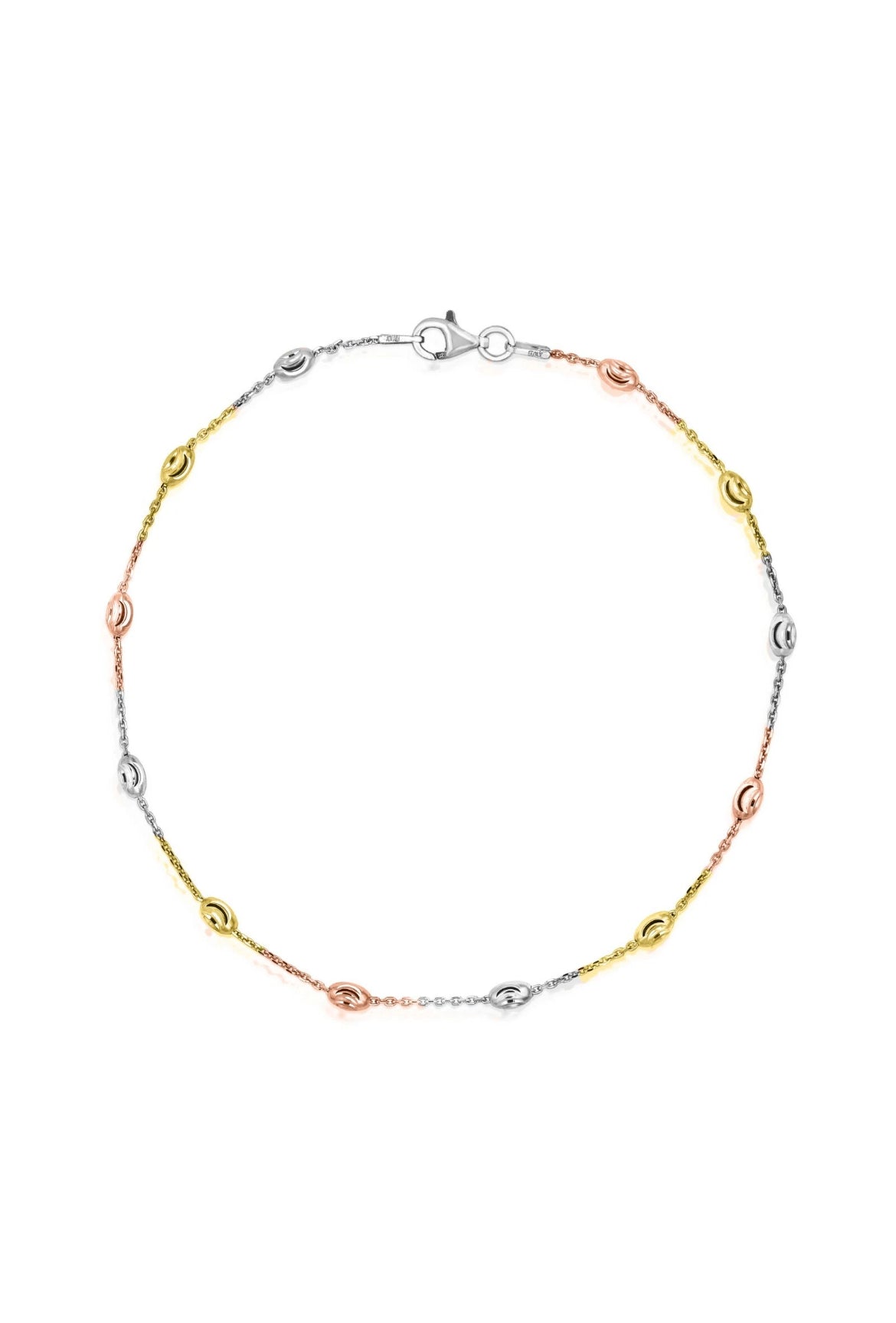 925 Sterling Silver Tri-Color Diamond Cut Station Oval Moon Anklet