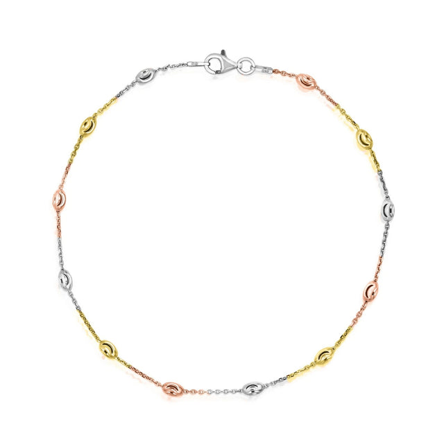 925 Sterling Silver Tri-Color Diamond Cut Station Oval Moon Anklet