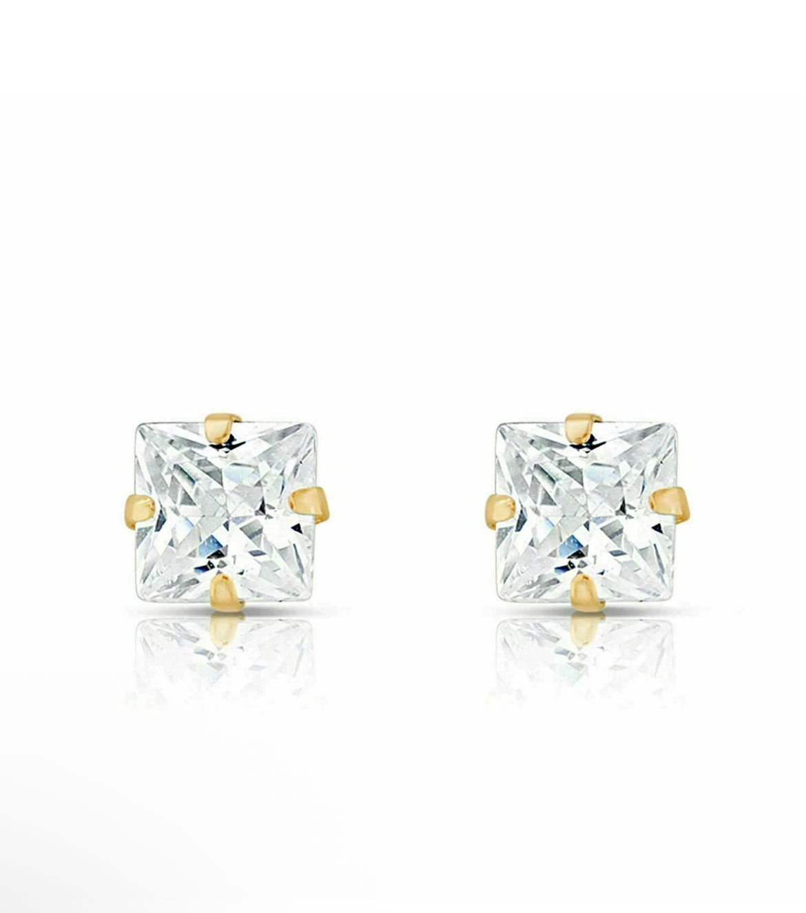14K Solid Yellow Gold Princess Cut CZ Stud Earrings