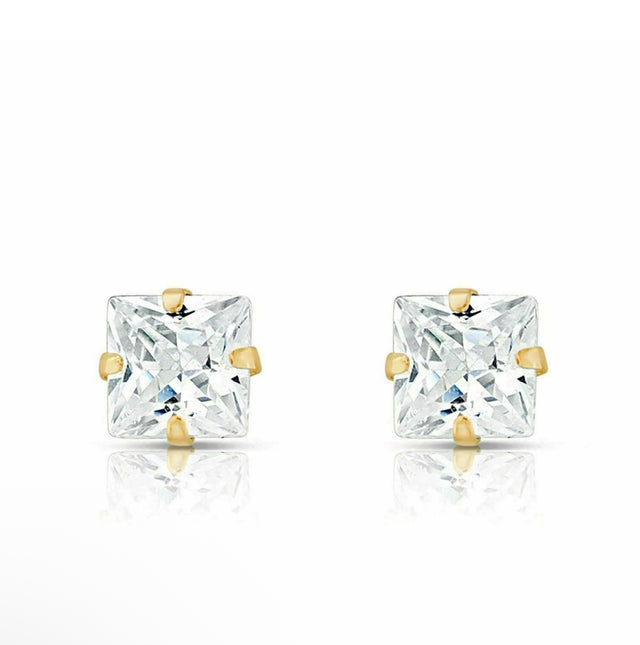 14K Solid Yellow Gold Princess Cut CZ Stud Earrings