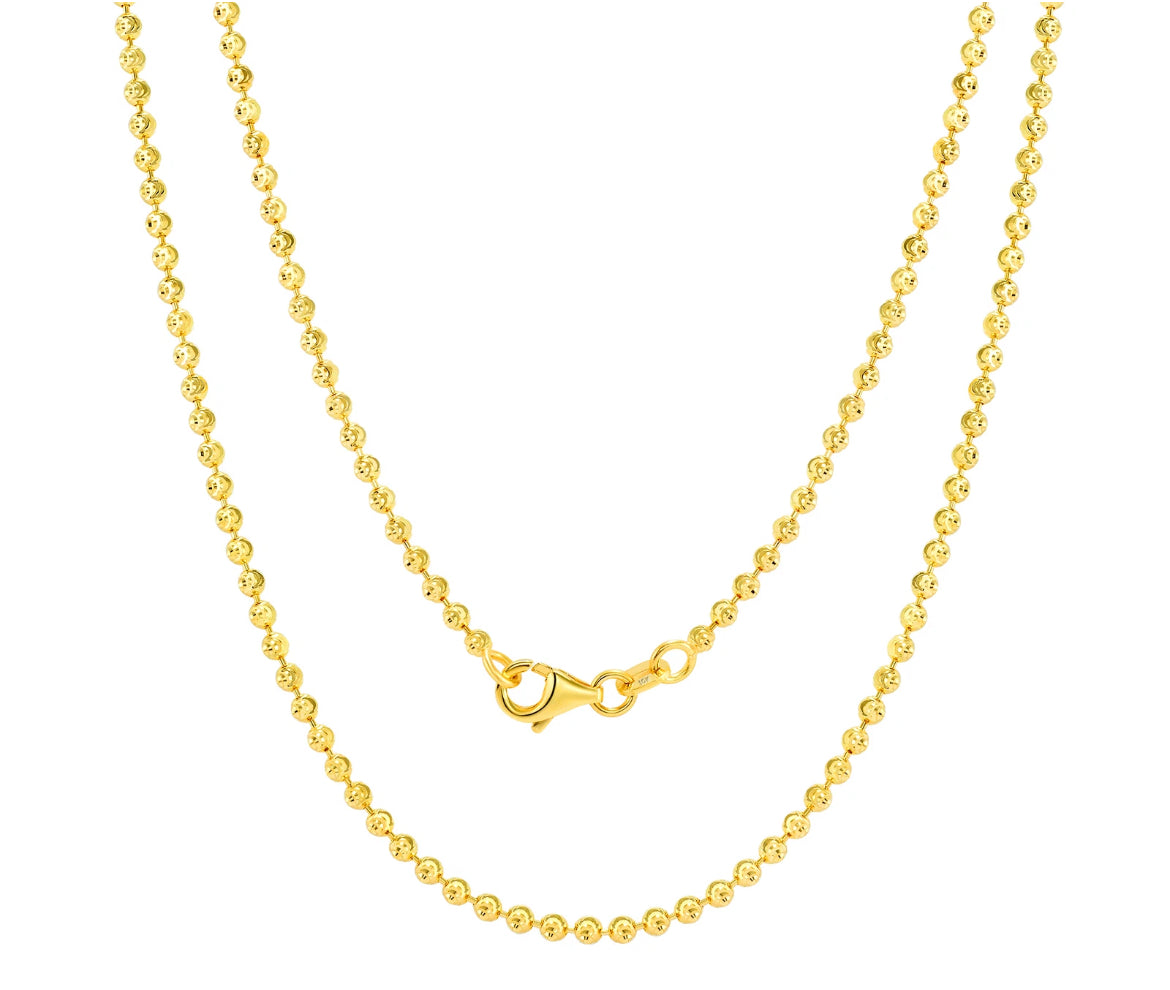 10K Yellow Gold 2mm Moon Cut Diamond Ball Bead Chain Necklace Mens Women 16"-30"