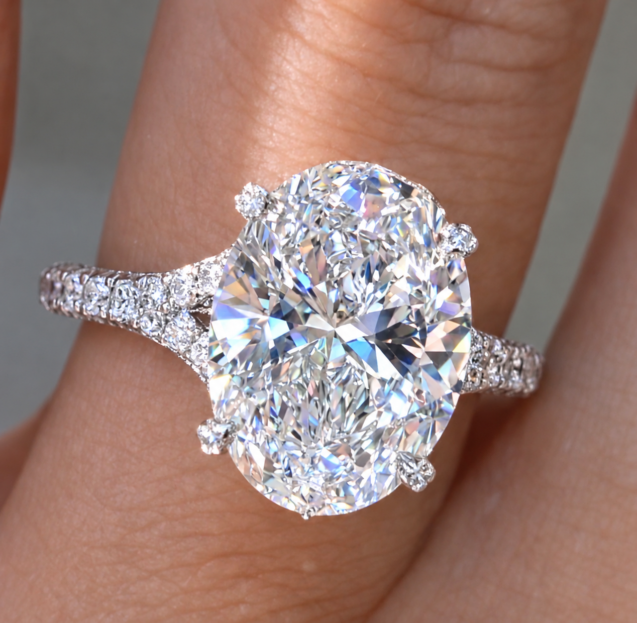 GI Certified 6.50Ct Oval Lab Grown Diamond Halo Ring Solid 14K White Gold | Size 7 F Color VVS2 Clarity The Luxury Look You Want. The Value You Deserve.