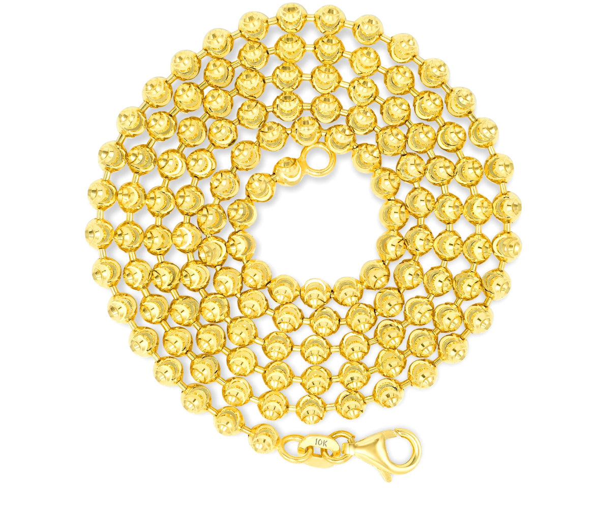 10K Yellow Gold 2mm Moon Cut Diamond Ball Bead Chain Necklace Mens Women 16"-30"