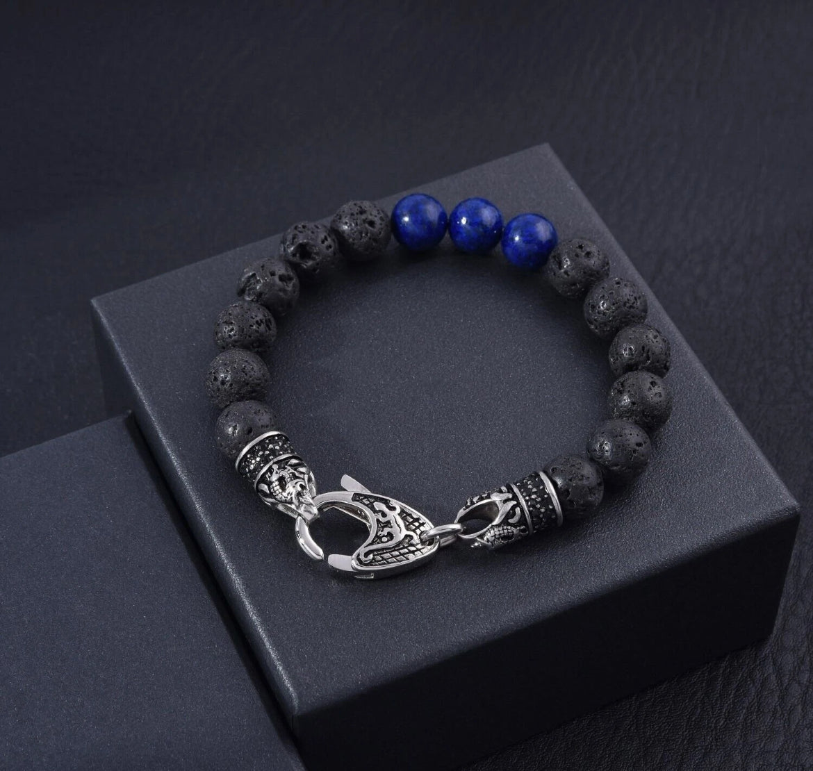 Genuine Black Lava Volcanic Lapis Stainless Steel Beaded Bracelet Men's