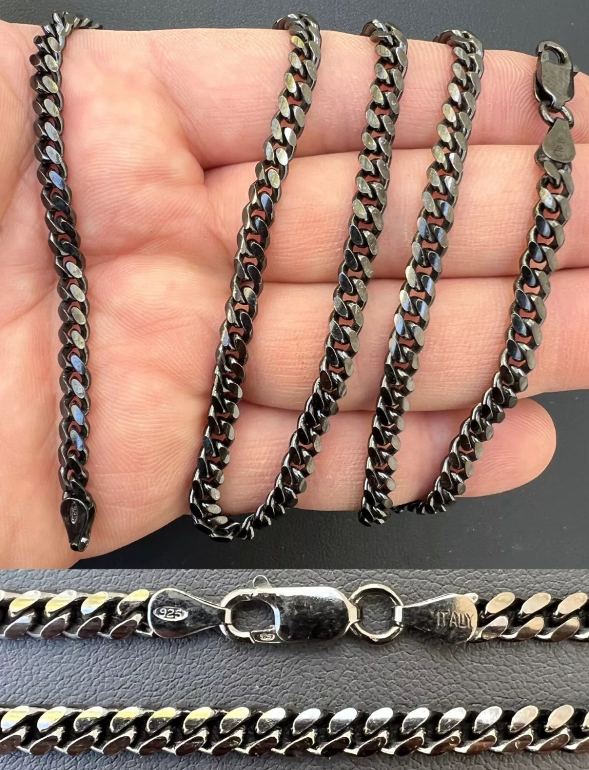 925 Sterling Silver Black Rhodium Miami Cuban Link Chain Solid 2mm 2.5mm Italy