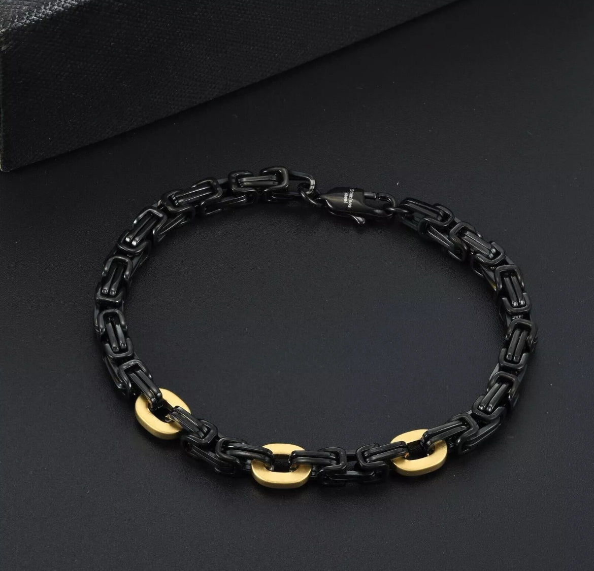 Black Stainless Steel 5mm Byzantine Link Chain Bracelet IP Gold Men's 8.5"