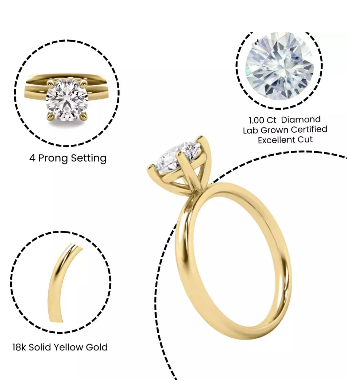 1Ct D VS1 Diamond Engagement Ring IGI Certified Round Lab Grown 18K Yellow Gold