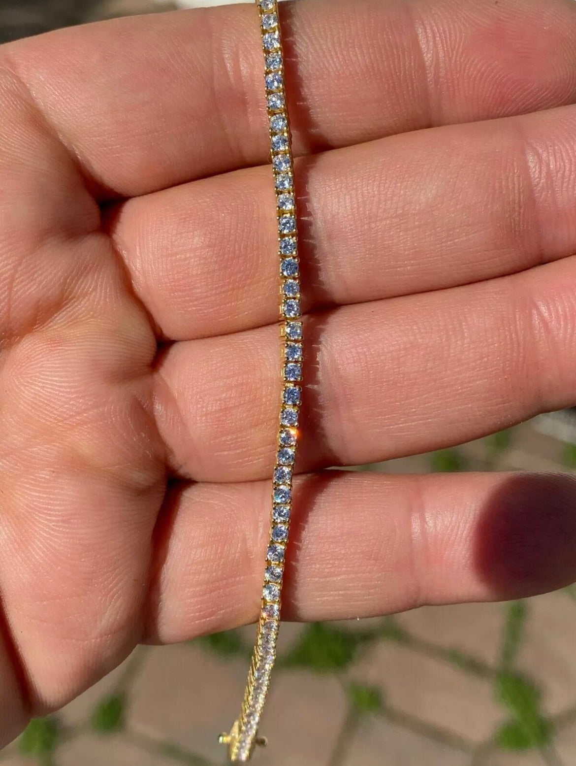 Mens Womens 3mm 1 Row Iced CZ Tennis Bracelet 14K Yellow Gold Plated