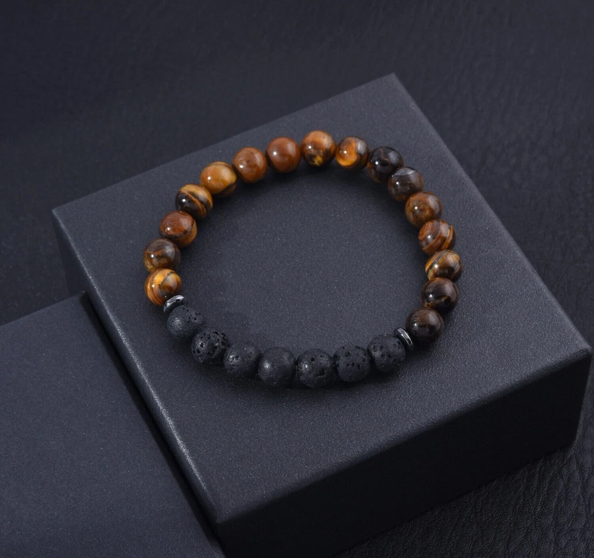 Genuine Tiger Eye Black Lava Stone Stainless Steel Beaded Bracelet 8mm For Men