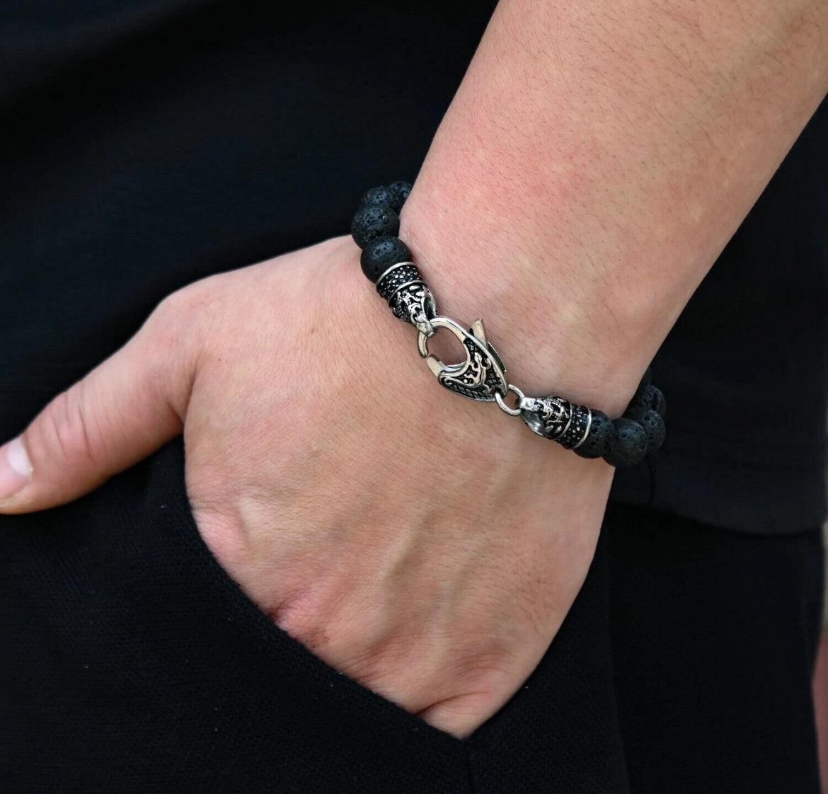 Genuine Black Lava Volcanic Lapis Stainless Steel Beaded Bracelet Men's