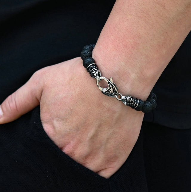Genuine Black Lava Volcanic Lapis Stainless Steel Beaded Bracelet Men's