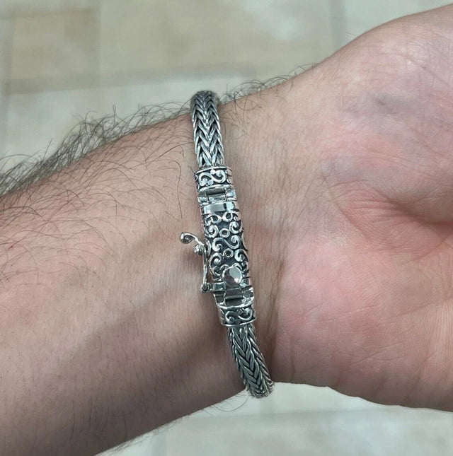 Men’s Solid 925 Sterling Silver Bali Braided Chain Bracelet – Handmade, 8