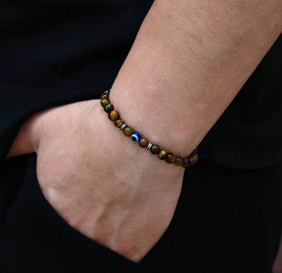 Genuine Tiger Eye Turquoise Natural 6mm Stone Bracelet Evil Eye Men Jewelry