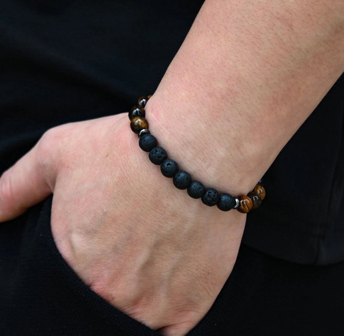 Genuine Tiger Eye Black Lava Stone Stainless Steel Beaded Bracelet 8mm For Men