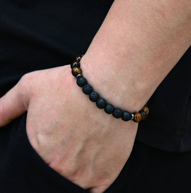 Genuine Tiger Eye Black Lava Stone Stainless Steel Beaded Bracelet 8mm For Men