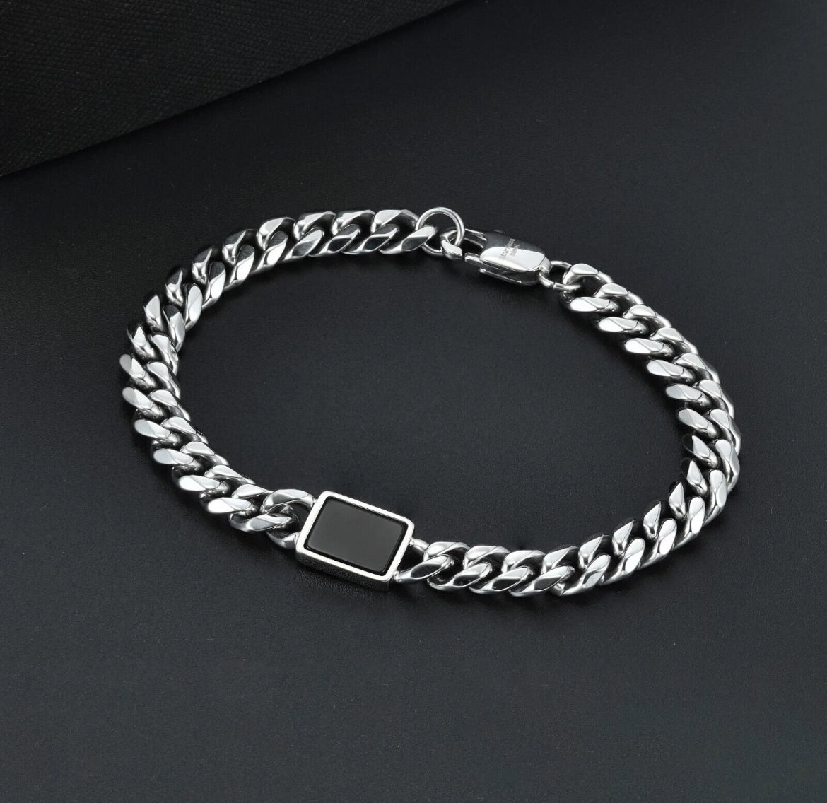 Stainless Steel 8mm Cuban Link Chain With Black Agate ID, Men's 8.5"