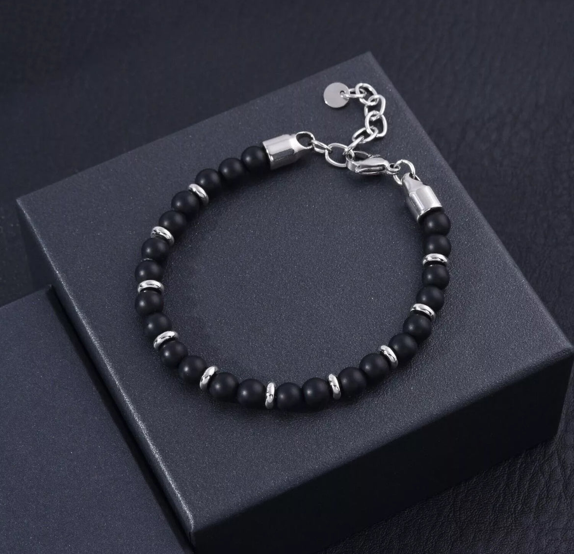 Genuine Matte Black Agate Stone Stainless Steel 6mm Beaded Bracelet For Men