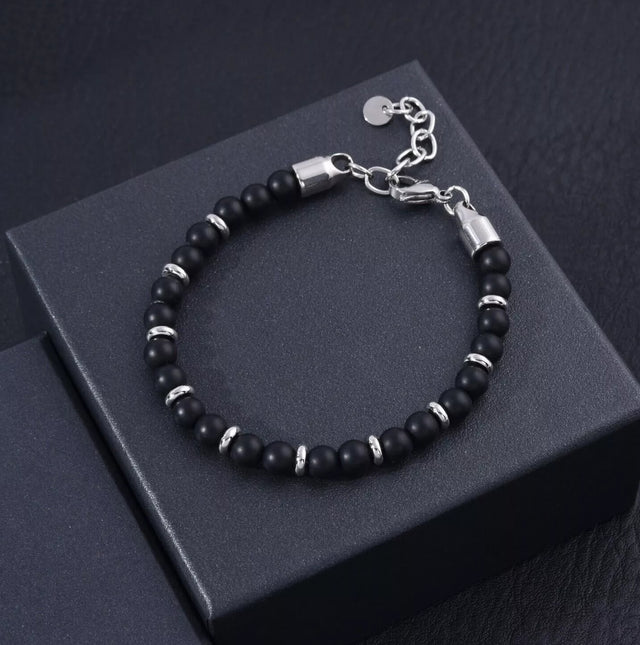 Genuine Matte Black Agate Stone Stainless Steel 6mm Beaded Bracelet For Men