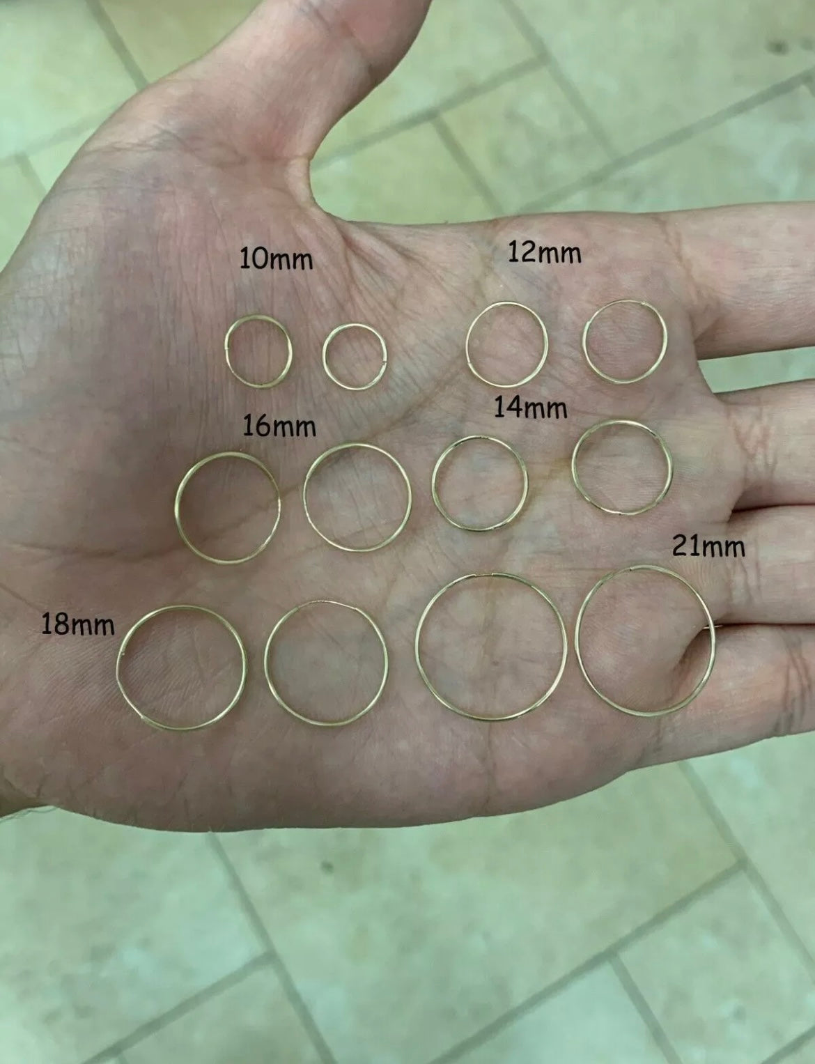 14K Yellow Gold Unisex Endless Hoop Earrings 10mm 12mm 14mm 16mm 18mm 21mm